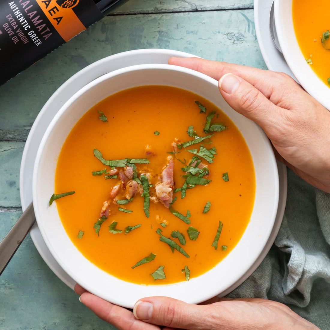 Butternut Kürbissuppe mit Speck überbacken